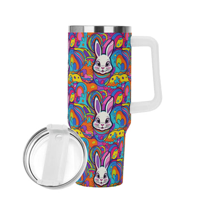 Trippy Bunny 40oz Stainless Steel Tumbler Gift With White Handle and Straw - DeRose Seasonal