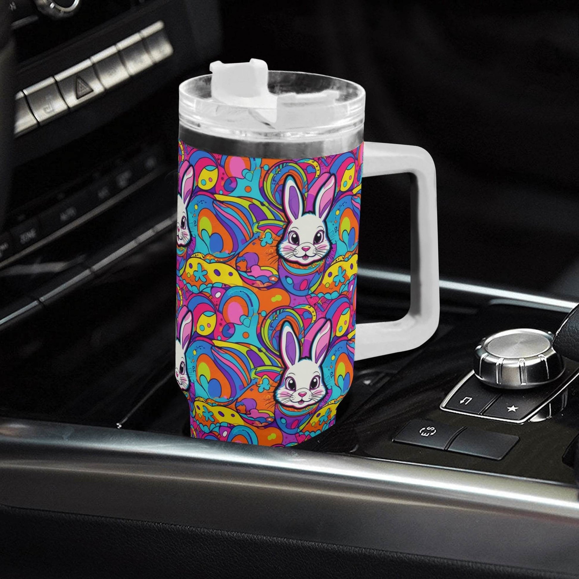 Trippy Bunny 40oz Stainless Steel Tumbler Gift With White Handle and Straw - DeRose Seasonal