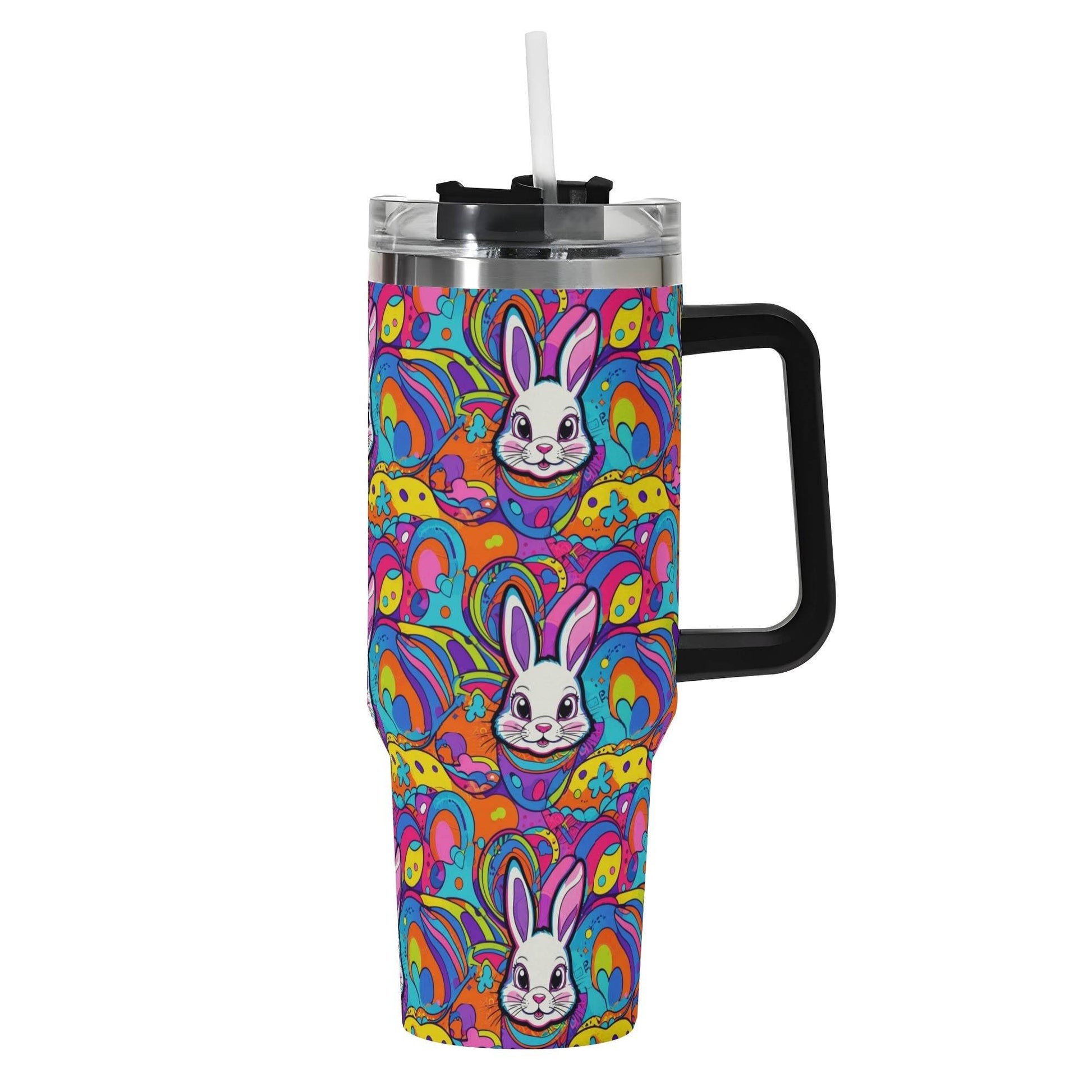Trippy Bunny 40oz Stainless Steel Tumbler Gift With Black Handle and Straw - DeRose Seasonal