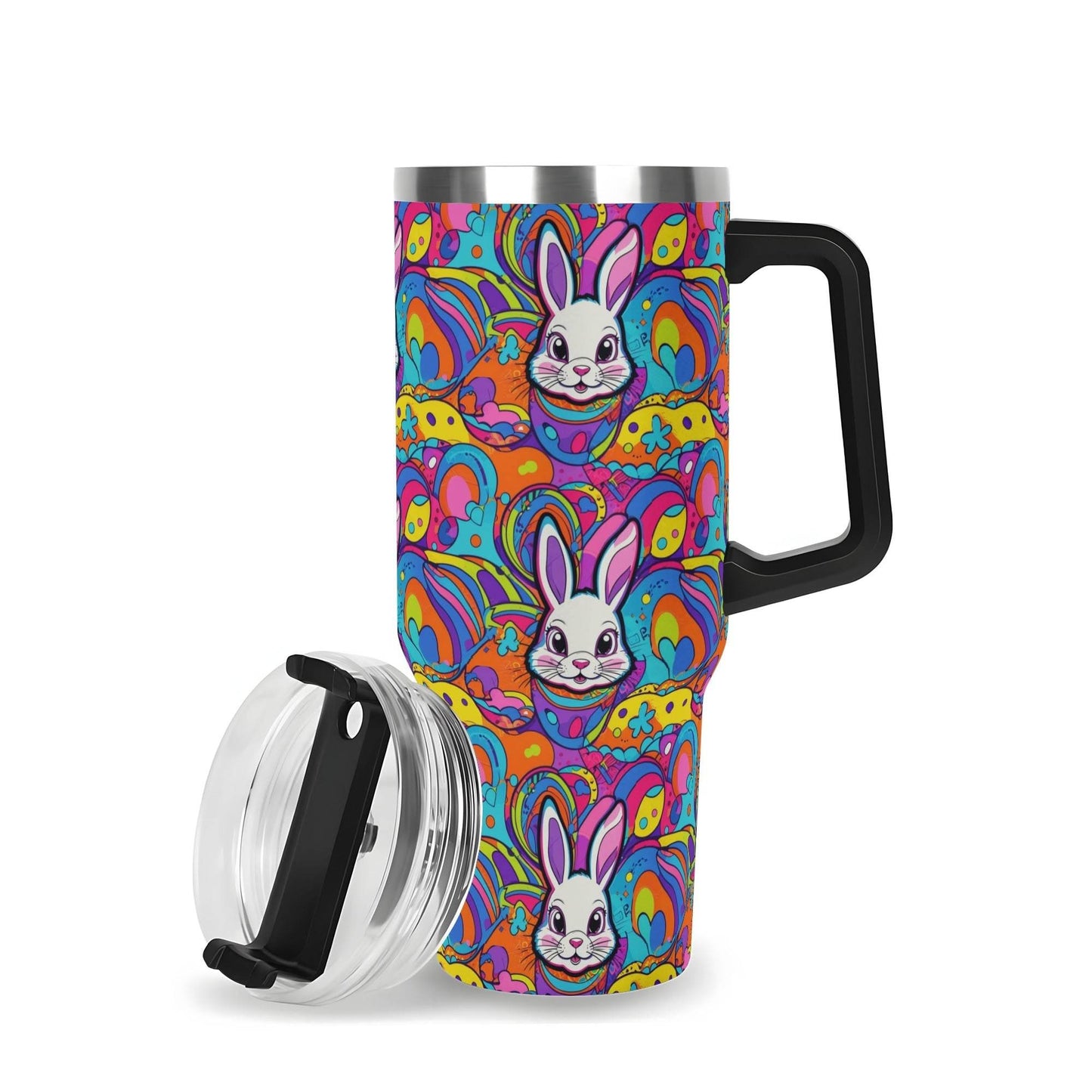 Trippy Bunny 40oz Stainless Steel Tumbler Gift With Black Handle and Straw - DeRose Seasonal