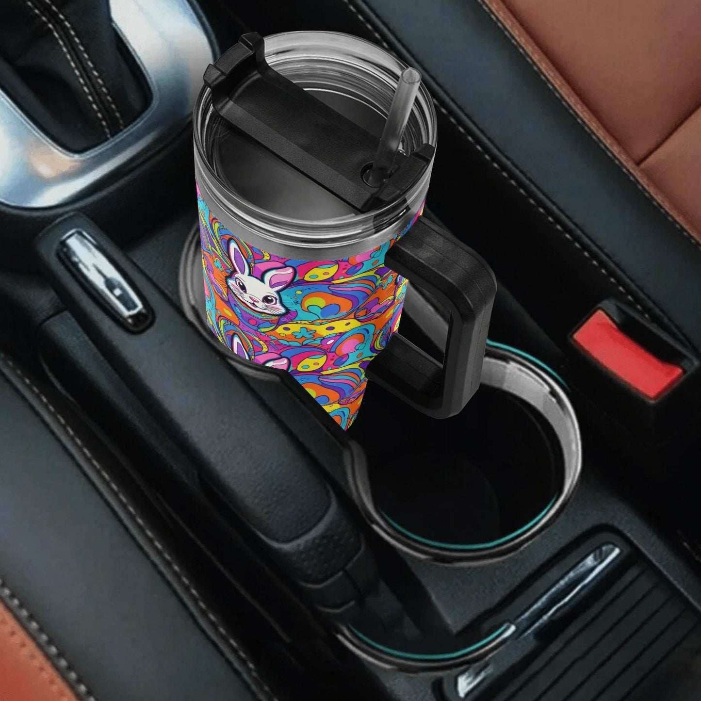 Trippy Bunny 40oz Stainless Steel Tumbler Gift With Black Handle and Straw - DeRose Seasonal