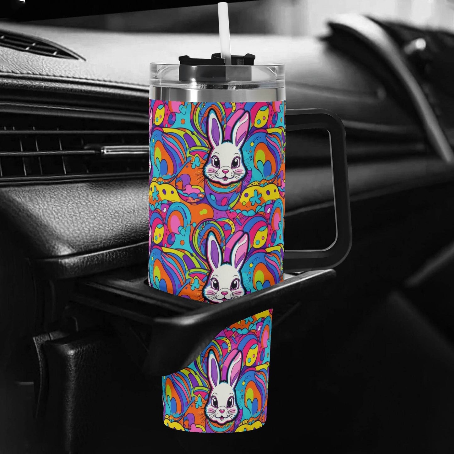 Trippy Bunny 40oz Stainless Steel Tumbler Gift With Black Handle and Straw - DeRose Seasonal