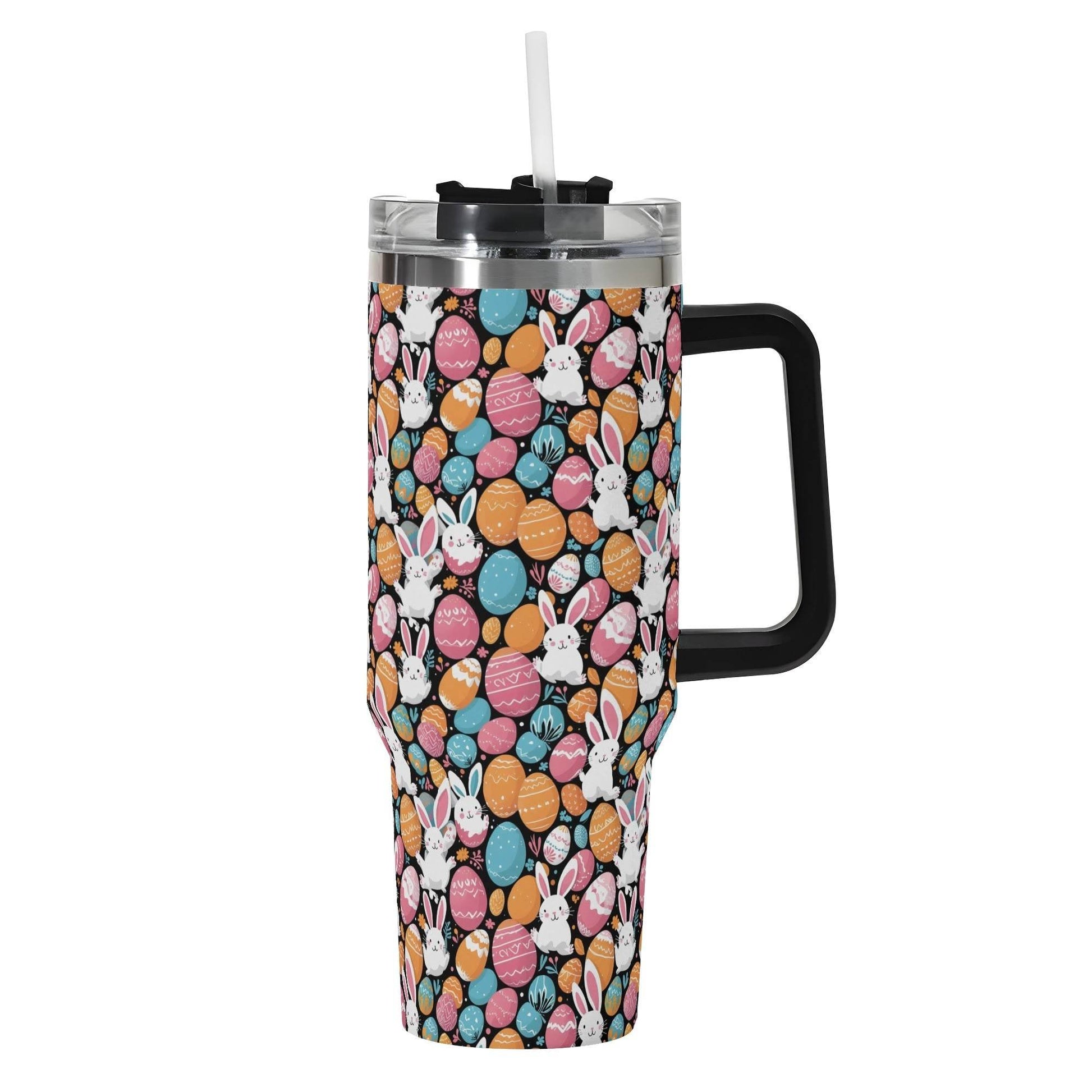 Fun Bunny 40oz Stainless Steel Tumbler Gift With Black Handle and Straw - DeRose Seasonal