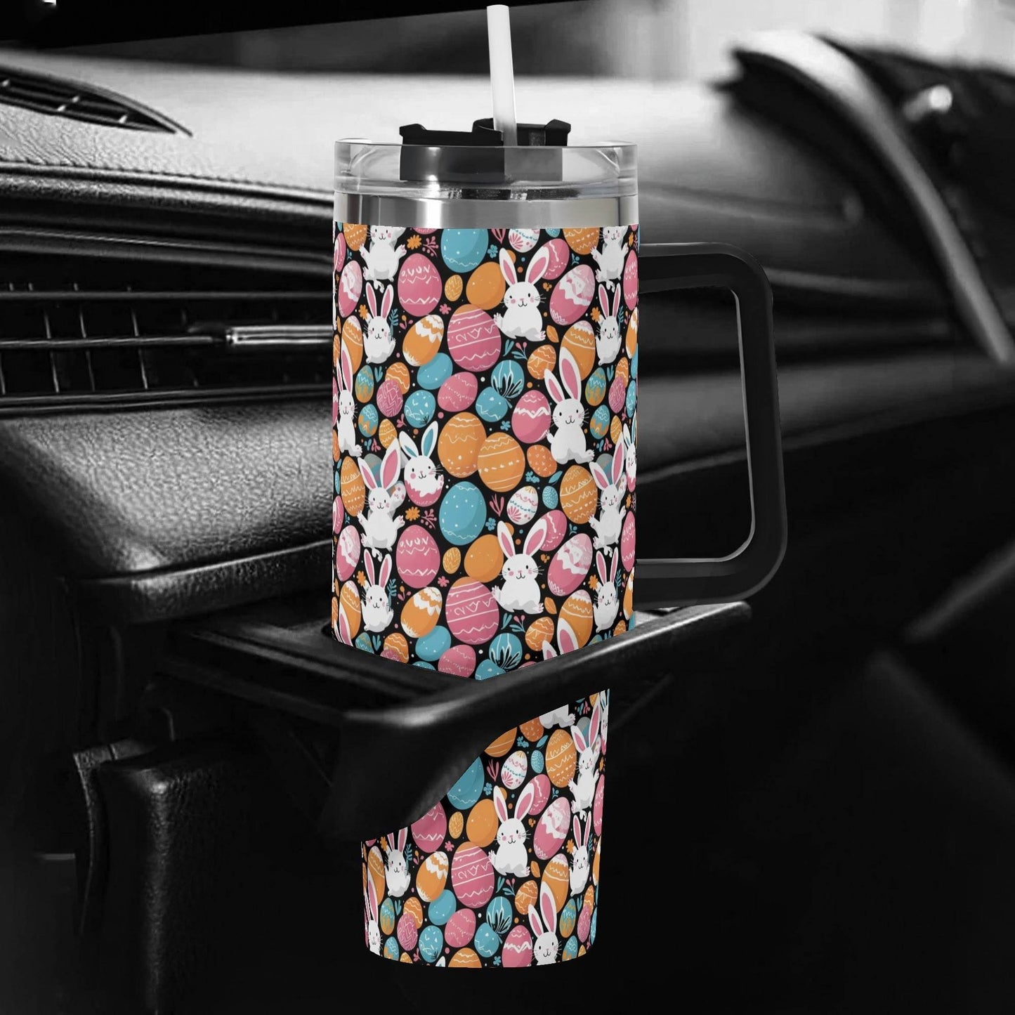 Fun Bunny 40oz Stainless Steel Tumbler Gift With Black Handle and Straw - DeRose Seasonal