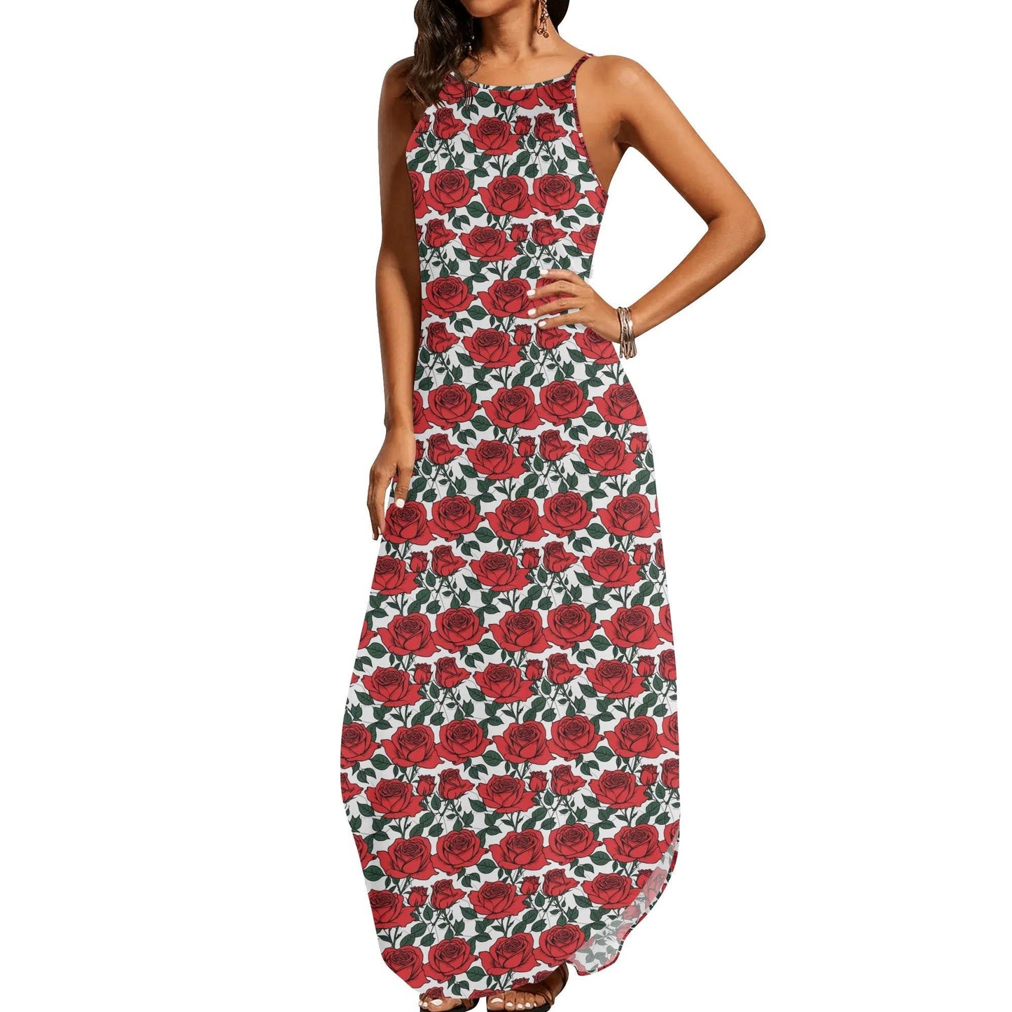 Red Leafy Roses Women's Elegant Sleeveless Evening Dress - DeRose Seasonal
