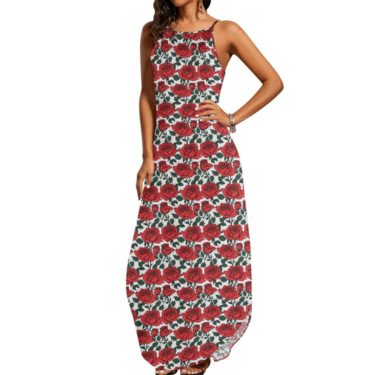 Red Leafy Roses Women's Elegant Sleeveless Evening Dress - DeRose Seasonal