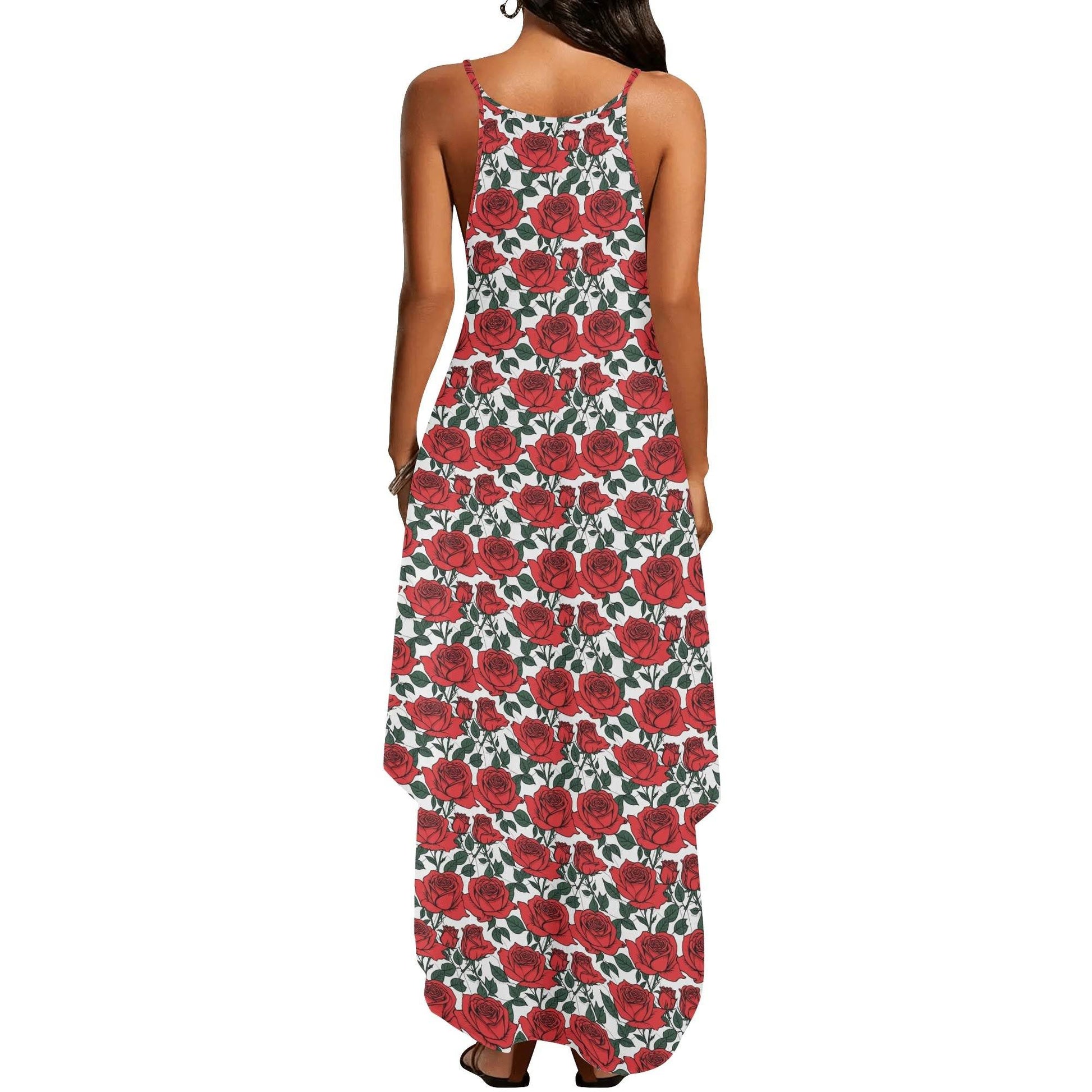 Red Leafy Roses Women's Elegant Sleeveless Evening Dress - DeRose Seasonal