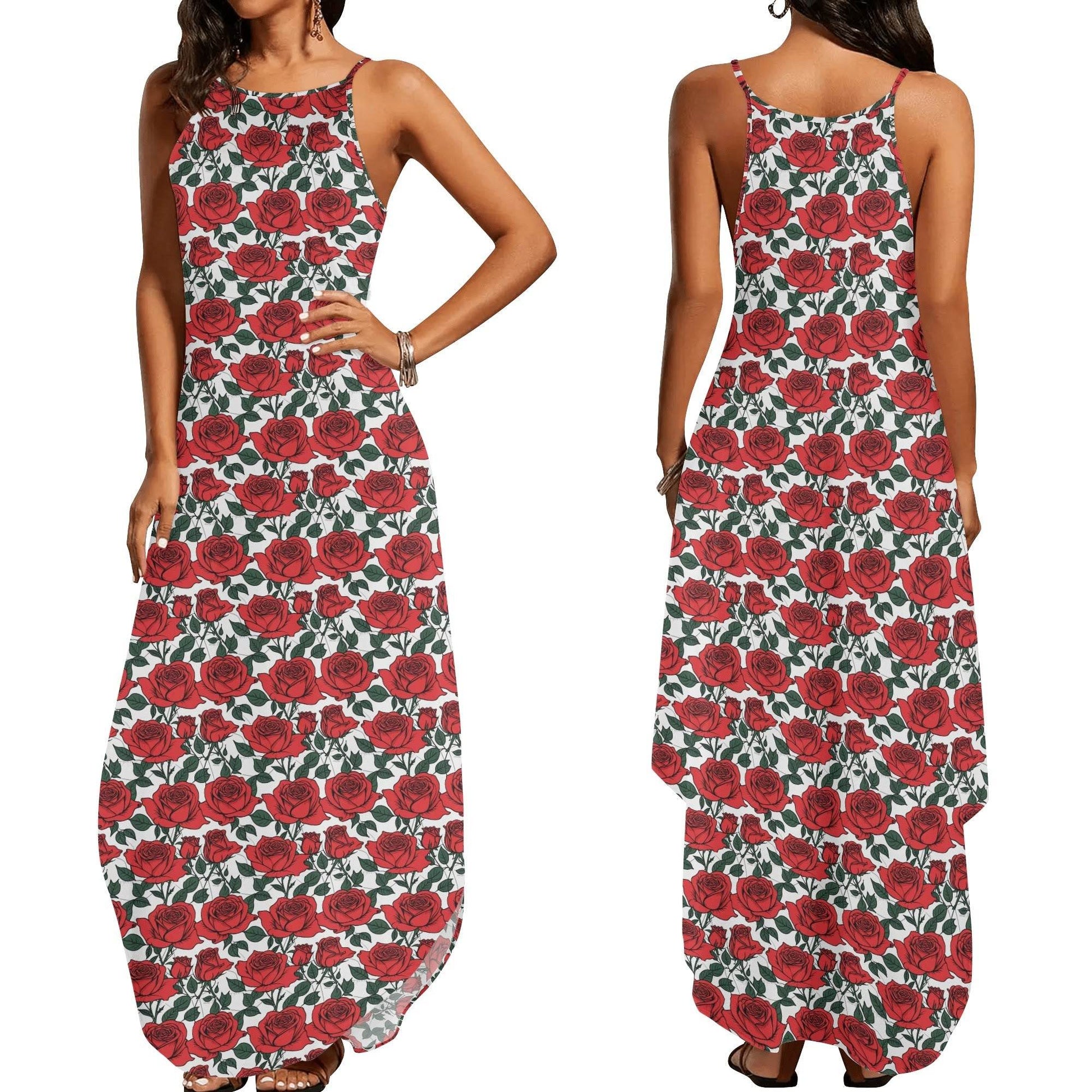 Red Leafy Roses Women's Elegant Sleeveless Evening Dress - DeRose Seasonal