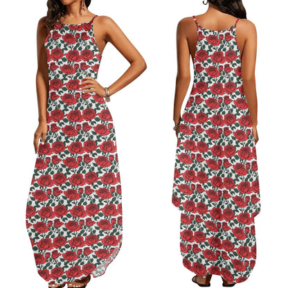 Red Leafy Roses Women's Elegant Sleeveless Evening Dress - DeRose Seasonal
