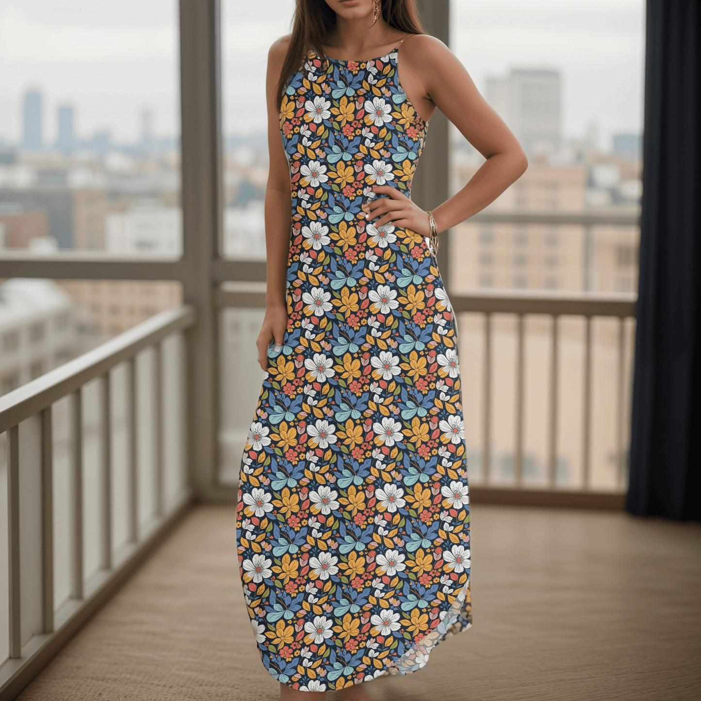 Bright Flowers Womens Elegant Sleeveless Evening Dress - DeRose Seasonal