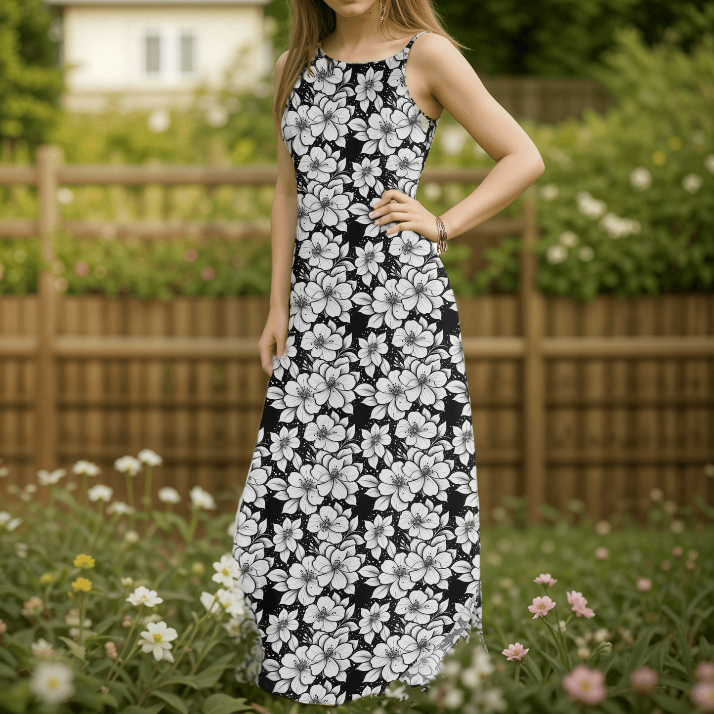 Black and White Floral Womens Elegant Sleeveless Evening Dress - DeRose Seasonal