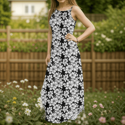 Black and White Floral Womens Elegant Sleeveless Evening Dress - DeRose Seasonal