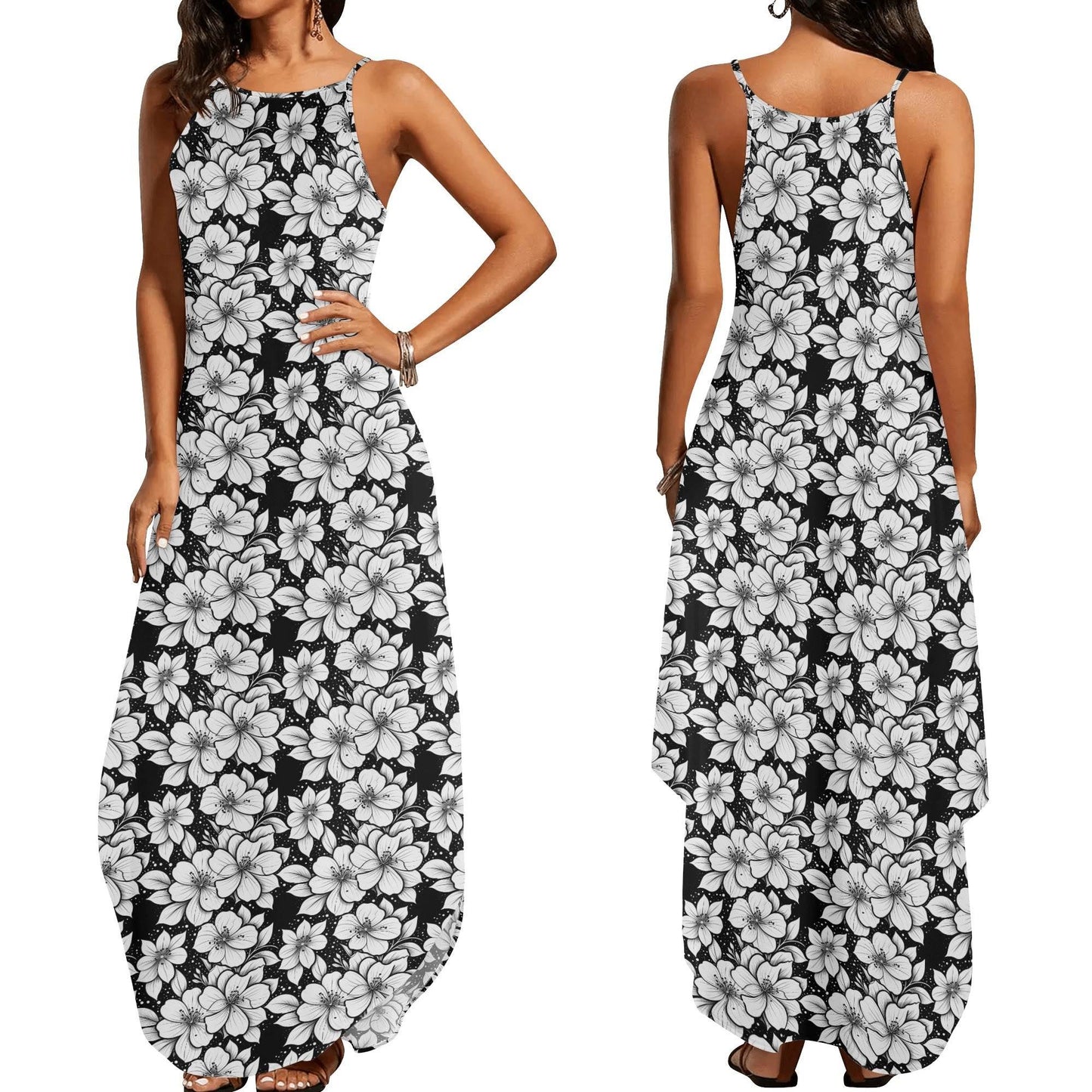 Black and White Floral Womens Elegant Sleeveless Evening Dress - DeRose Seasonal