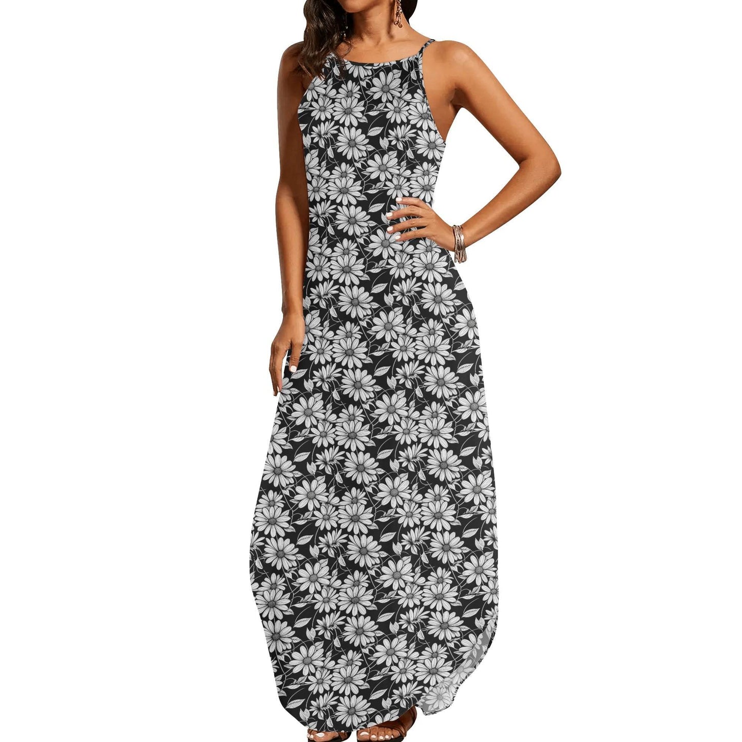 Black and White Daisy Womens Elegant Sleeveless Evening Dress - DeRose Seasonal
