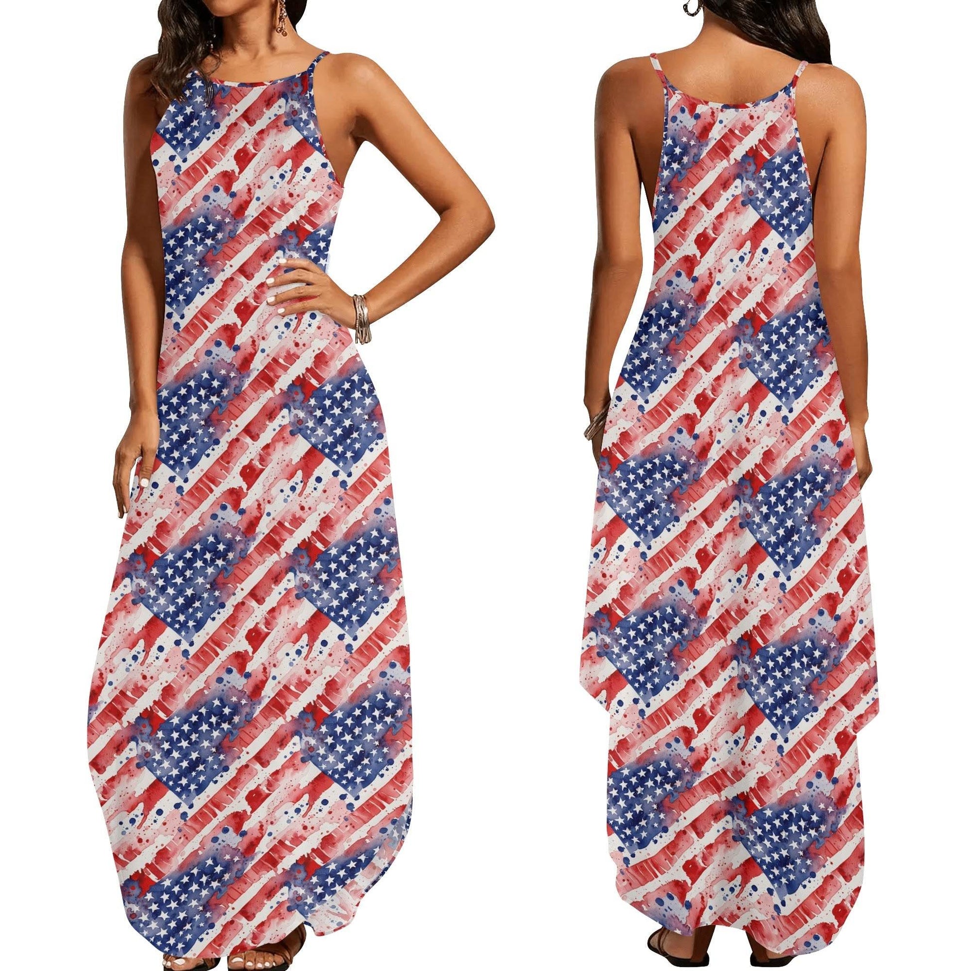 Watercolor Independence Womens Elegant Sleeveless Evening Dress - DeRose Seasonal