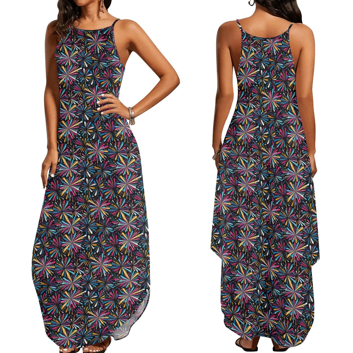 Colorful Fireworks Womens Elegant Sleeveless Evening Dress - DeRose Seasonal