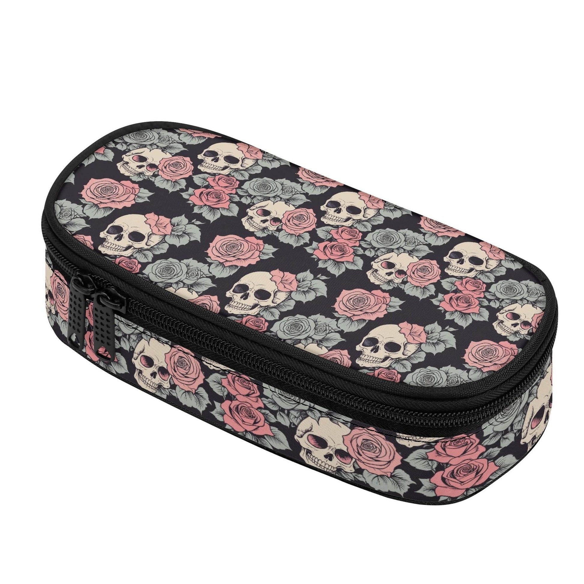 Skull and Pink Rose 3-Layer Pencil and Cosmetic Case - DeRose Seasonal