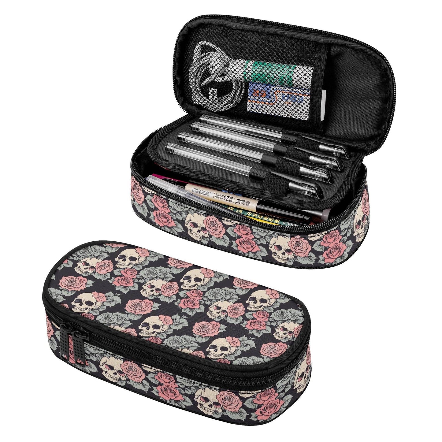 Skull and Pink Rose 3-Layer Pencil and Cosmetic Case - DeRose Seasonal
