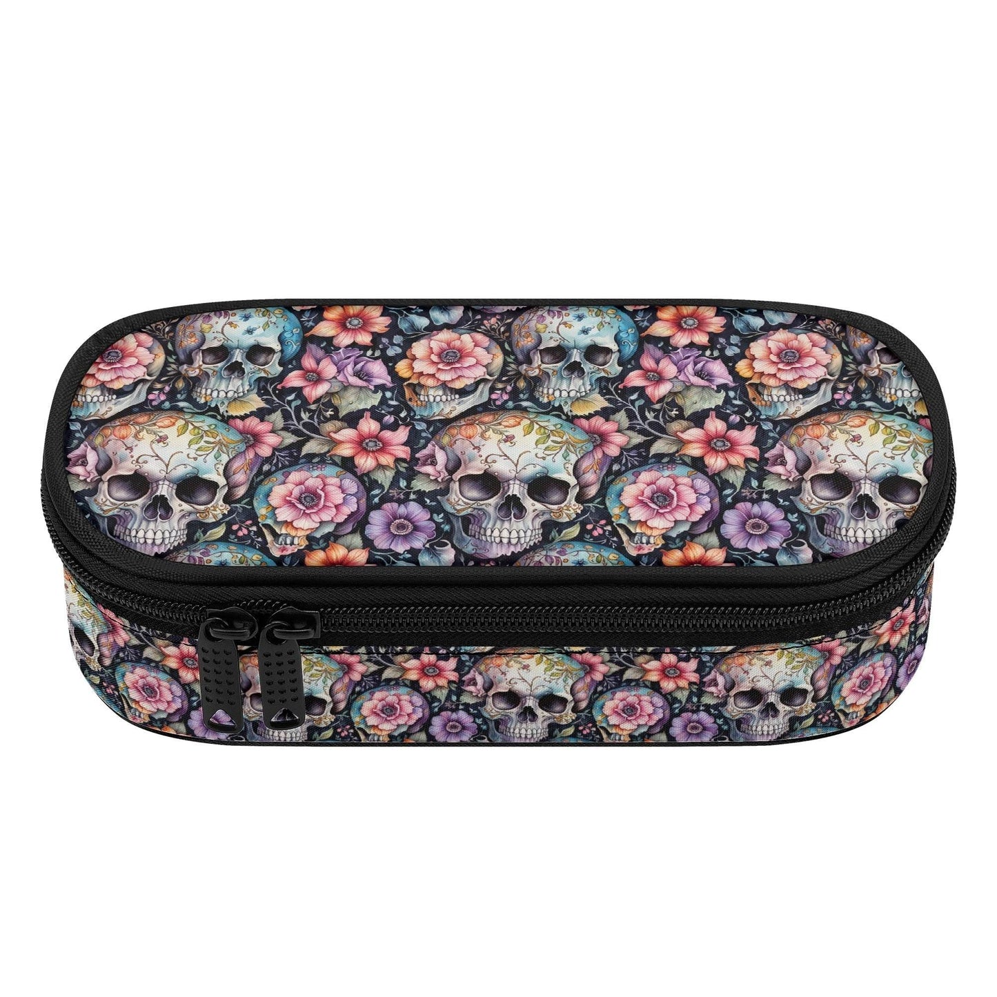 Pastel Floral and Skulls 3-Layer Pencil and Cosmetic Case - DeRose Seasonal