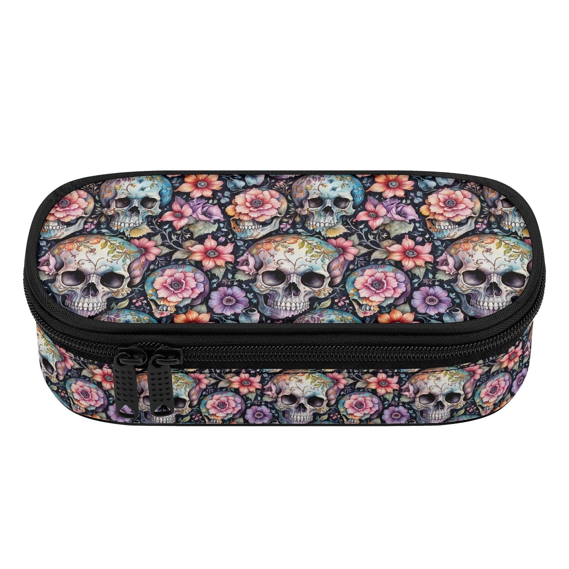 Pastel Floral and Skulls 3-Layer Pencil and Cosmetic Case - DeRose Seasonal