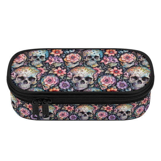 Pastel Floral and Skulls 3-Layer Pencil and Cosmetic Case - DeRose Seasonal