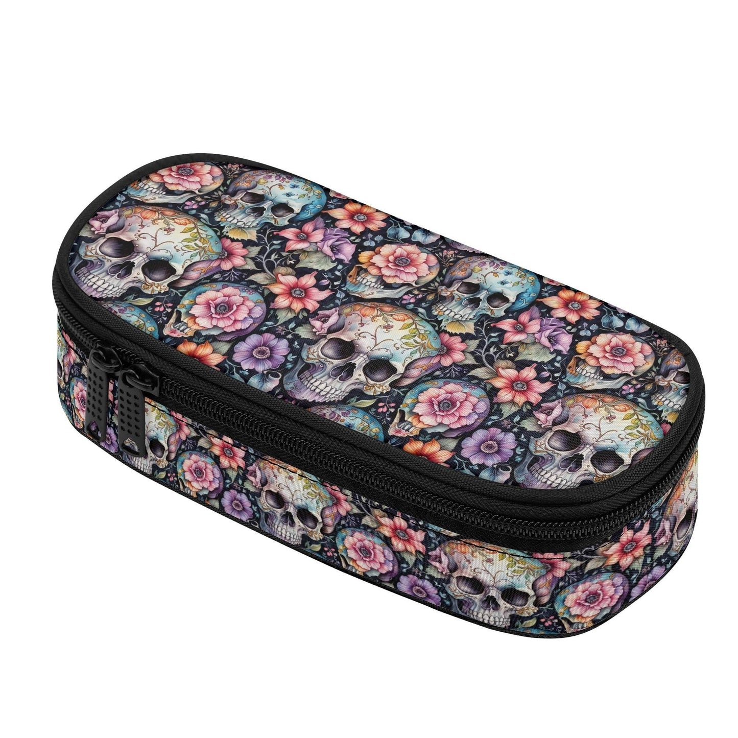 Pastel Floral and Skulls 3-Layer Pencil and Cosmetic Case - DeRose Seasonal