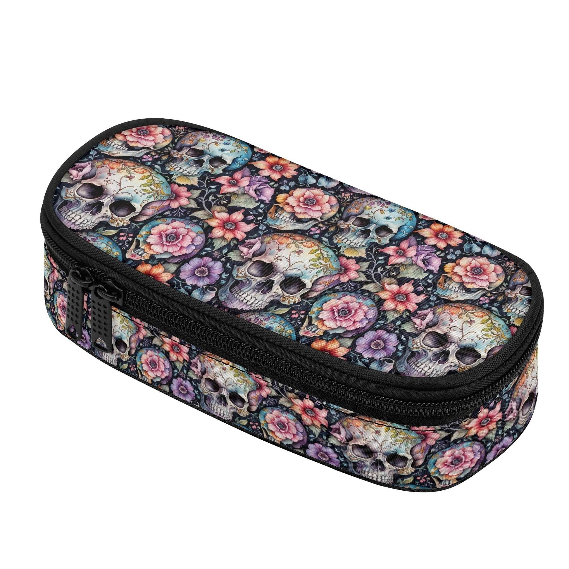 Pastel Floral and Skulls 3-Layer Pencil and Cosmetic Case - DeRose Seasonal