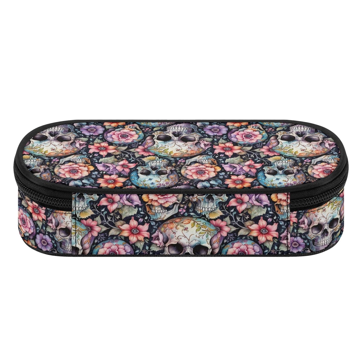 Pastel Floral and Skulls 3-Layer Pencil and Cosmetic Case - DeRose Seasonal
