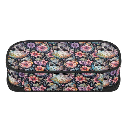 Pastel Floral and Skulls 3-Layer Pencil and Cosmetic Case - DeRose Seasonal