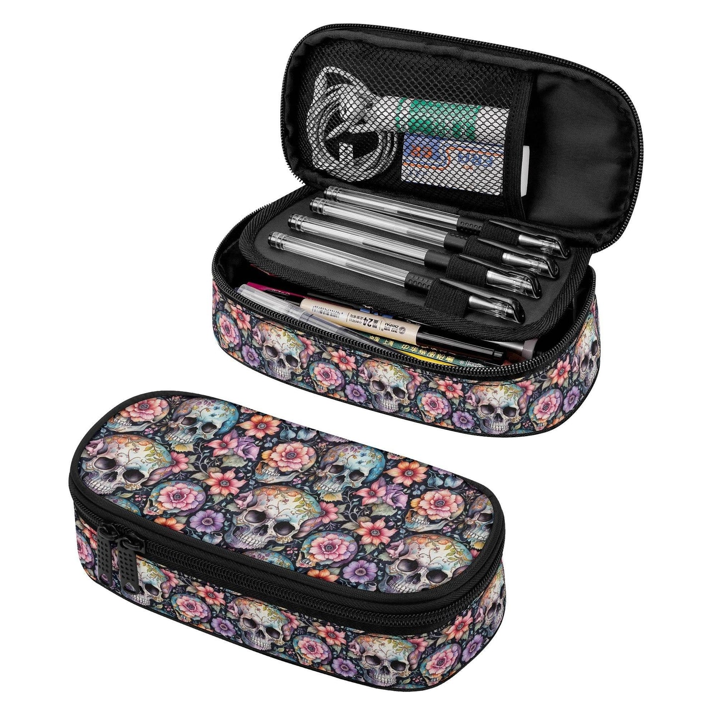 Pastel Floral and Skulls 3-Layer Pencil and Cosmetic Case - DeRose Seasonal