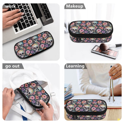 Pastel Floral and Skulls 3-Layer Pencil and Cosmetic Case - DeRose Seasonal