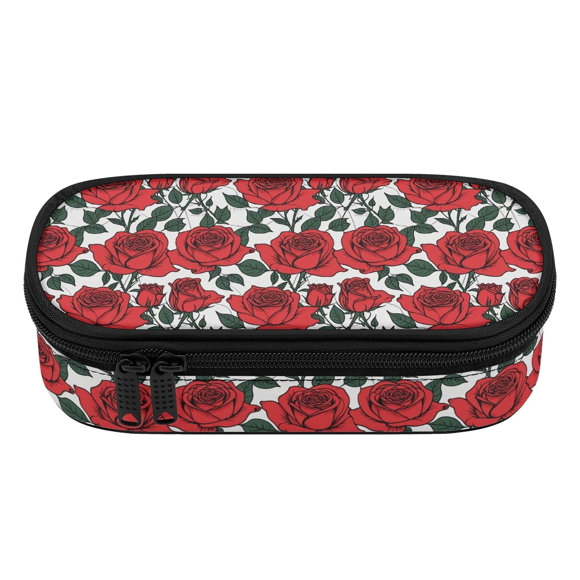 Red Leafy Roses 3-Layer Pencil and Cosmetic Case - DeRose Seasonal