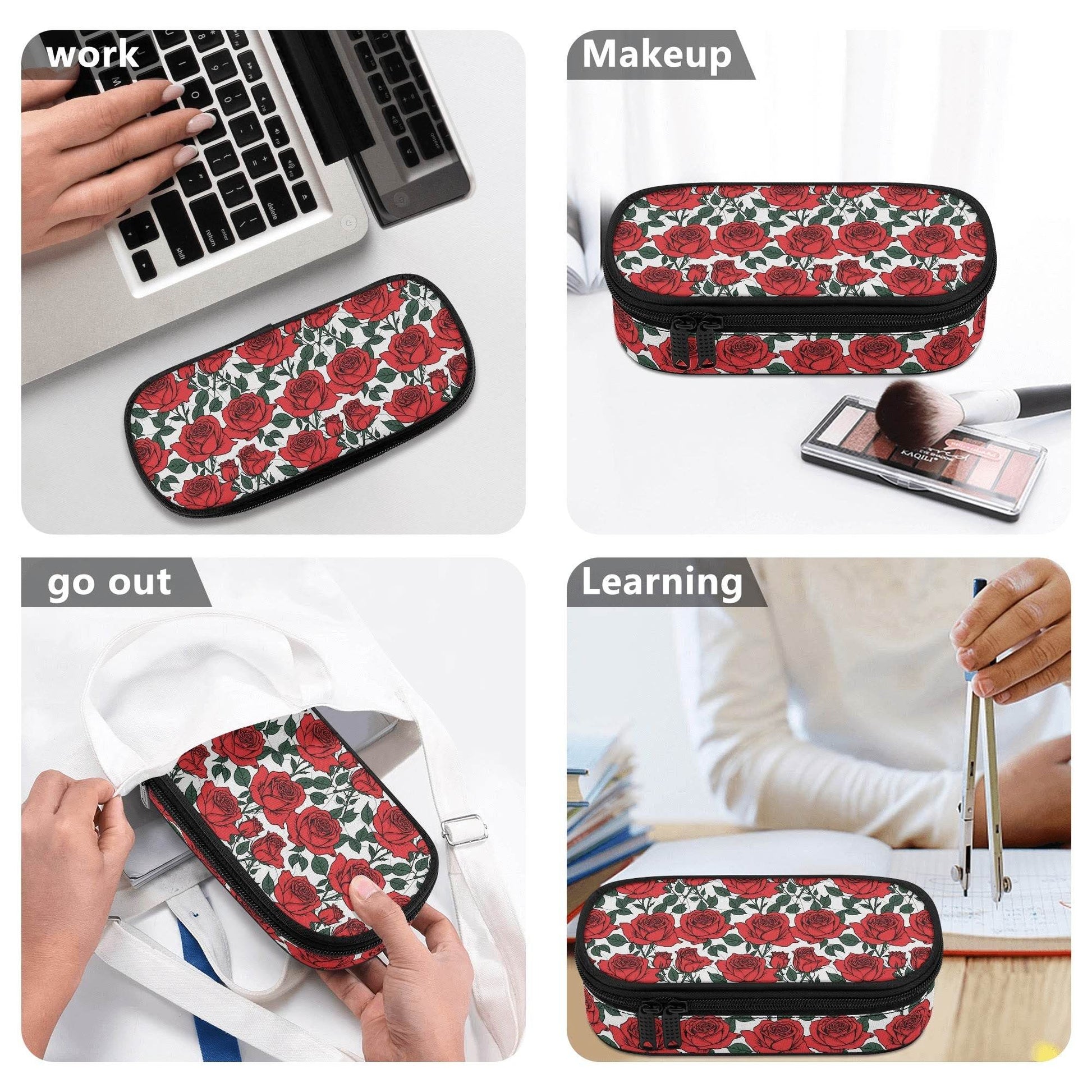 Red Leafy Roses 3-Layer Pencil and Cosmetic Case - DeRose Seasonal