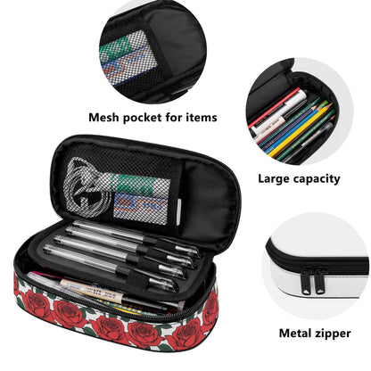 Red Leafy Roses 3-Layer Pencil and Cosmetic Case - DeRose Seasonal