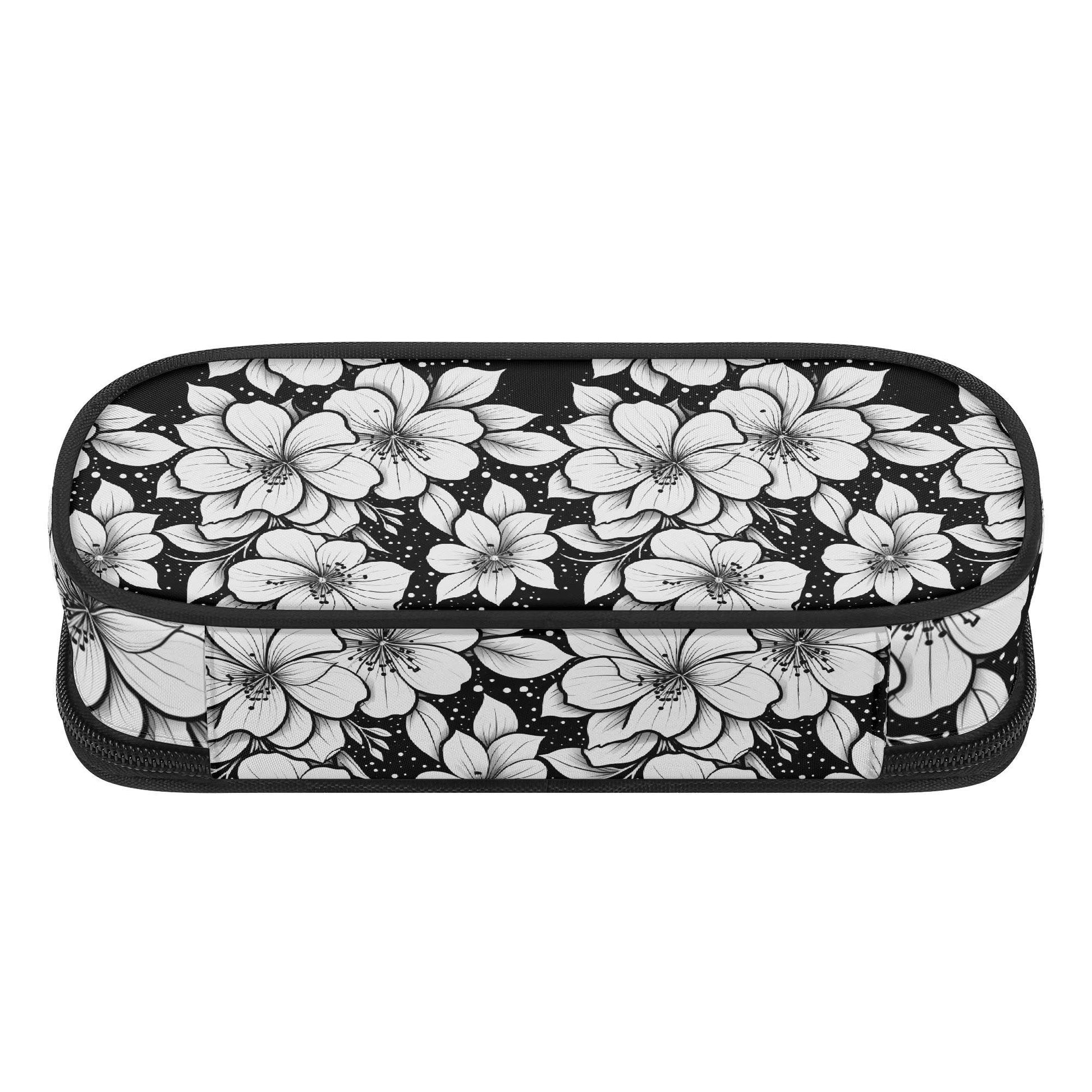Black and White Floral 3-Layer Pencil and Cosmetic Case - DeRose Seasonal