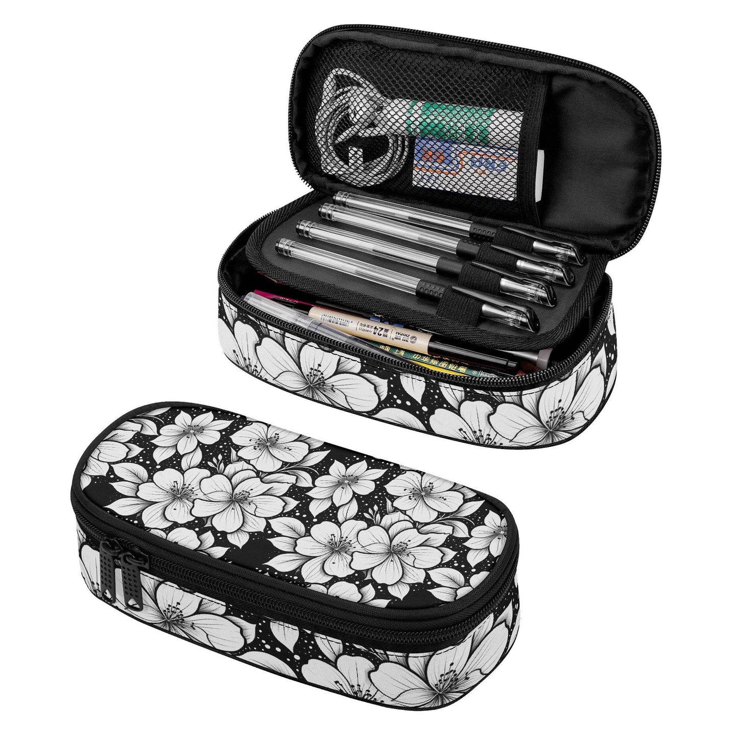 Black and White Floral 3-Layer Pencil and Cosmetic Case - DeRose Seasonal