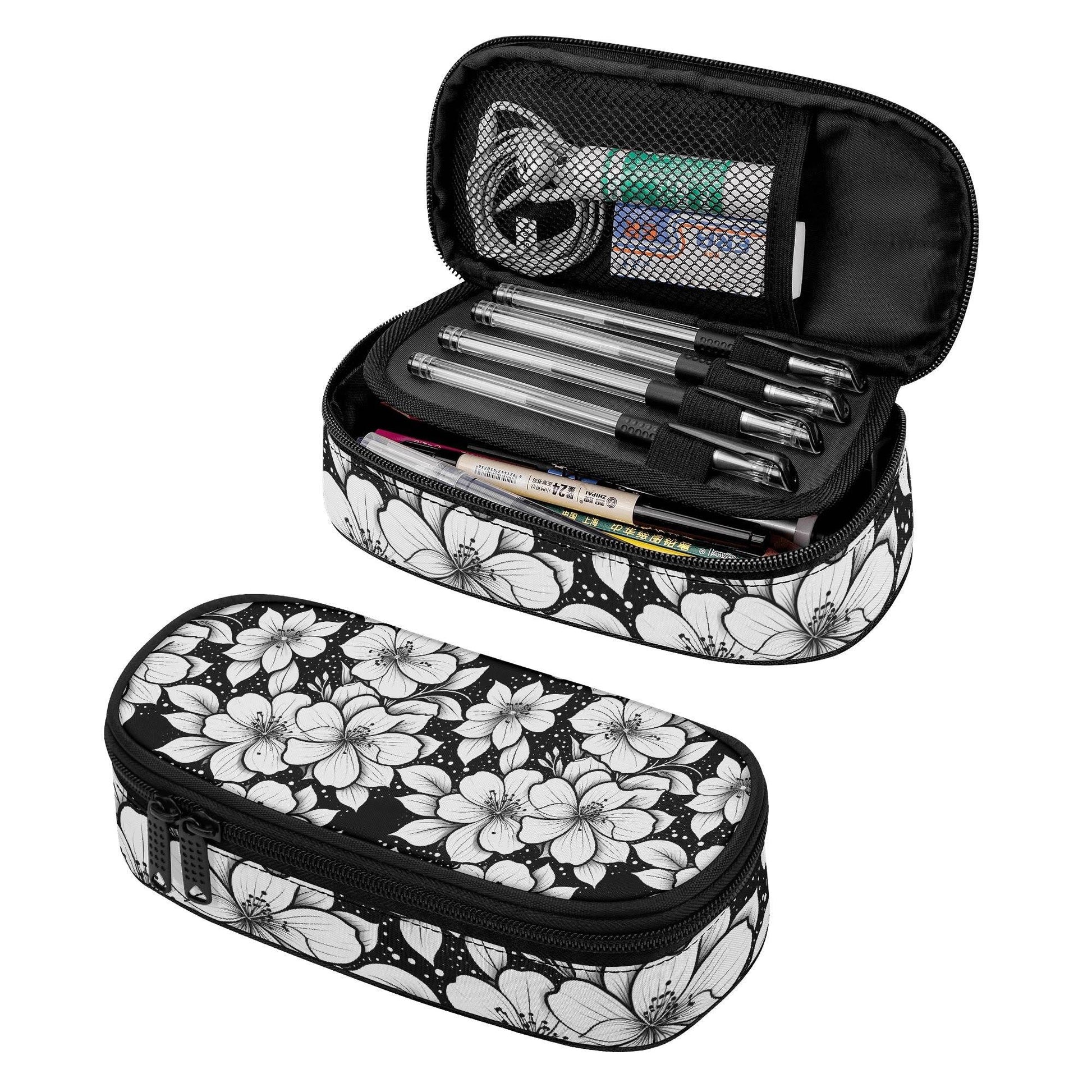 Black and White Floral 3-Layer Pencil and Cosmetic Case - DeRose Seasonal