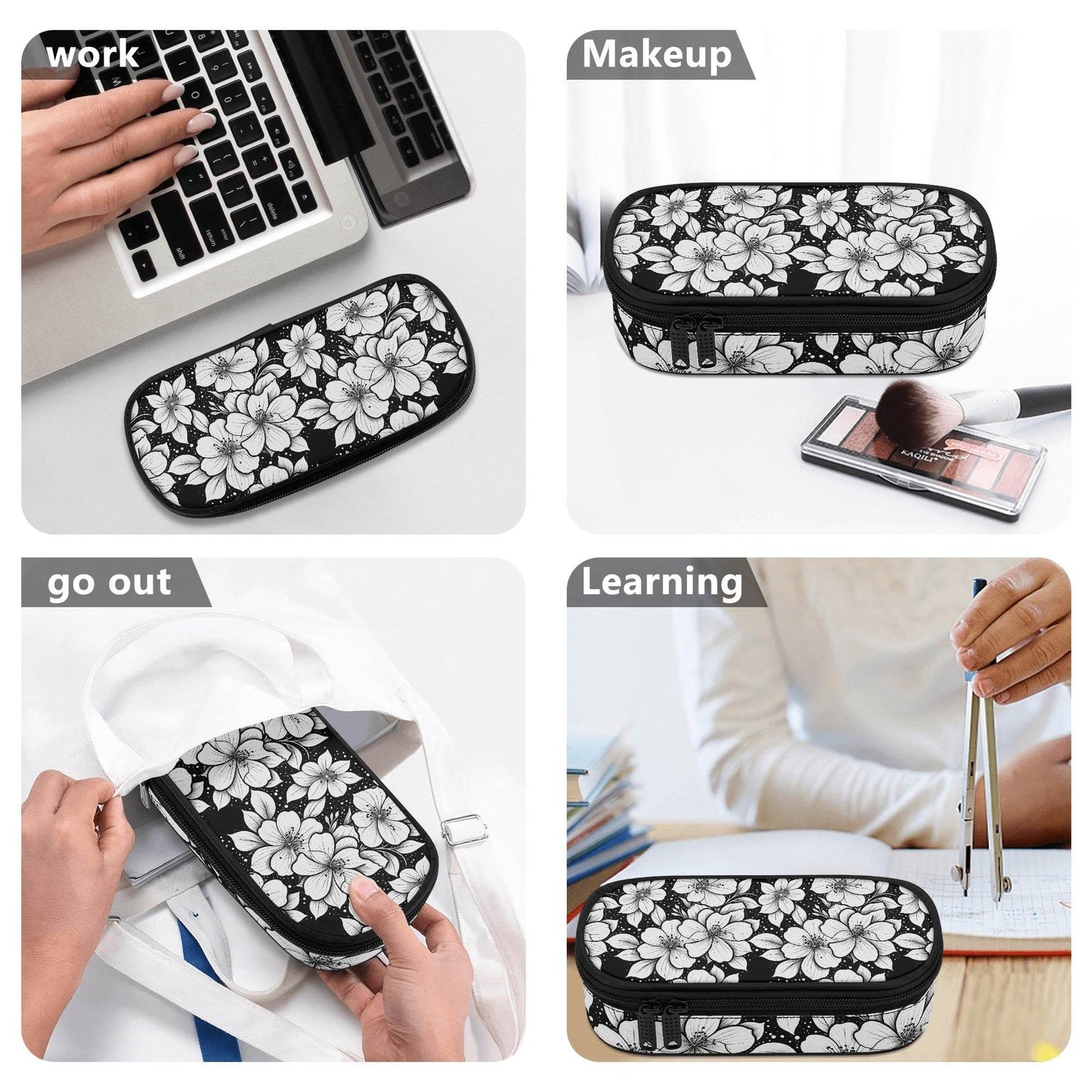Black and White Floral 3-Layer Pencil and Cosmetic Case - DeRose Seasonal