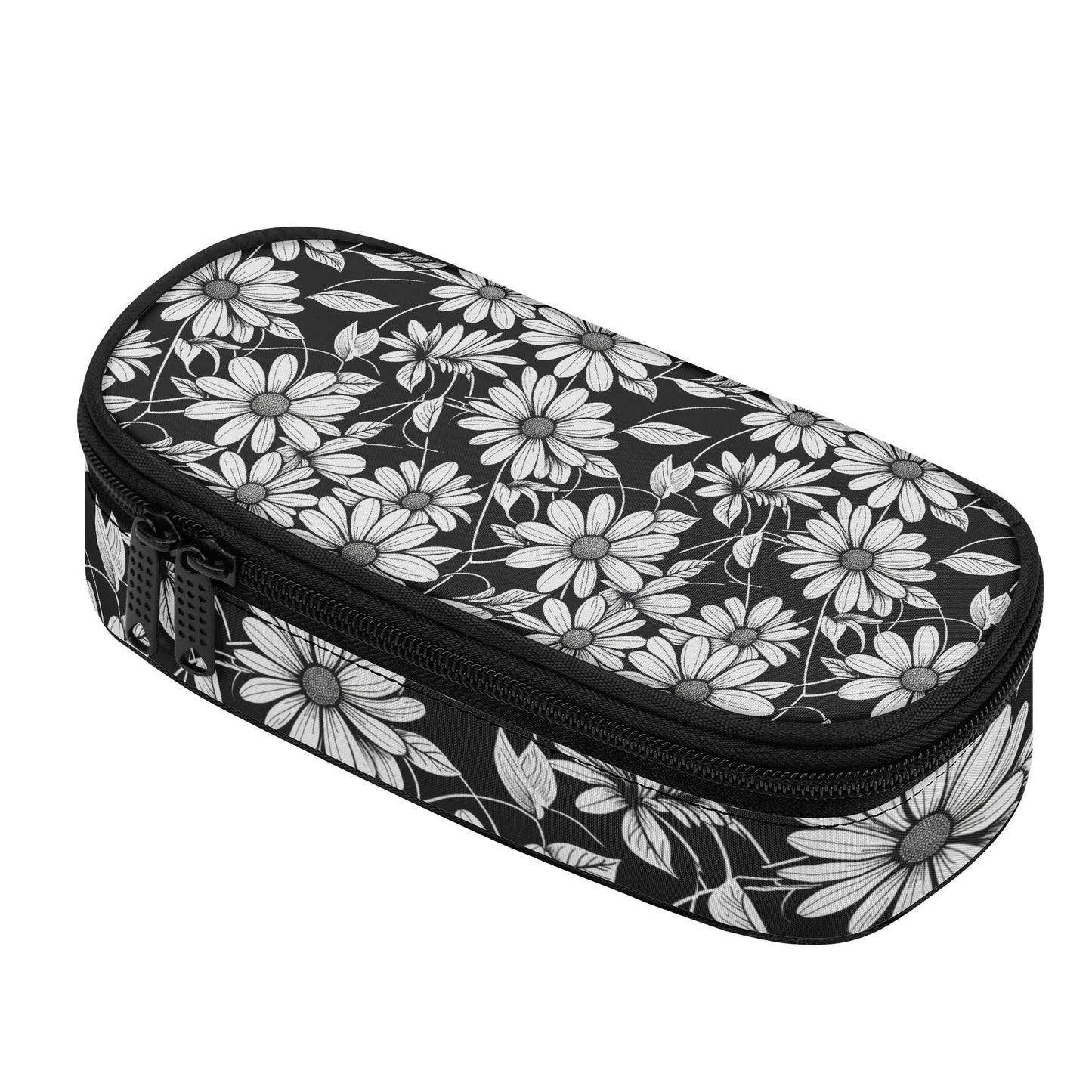 Black and White Daisy 3-Layer Pencil and Cosmetic Case - DeRose Seasonal