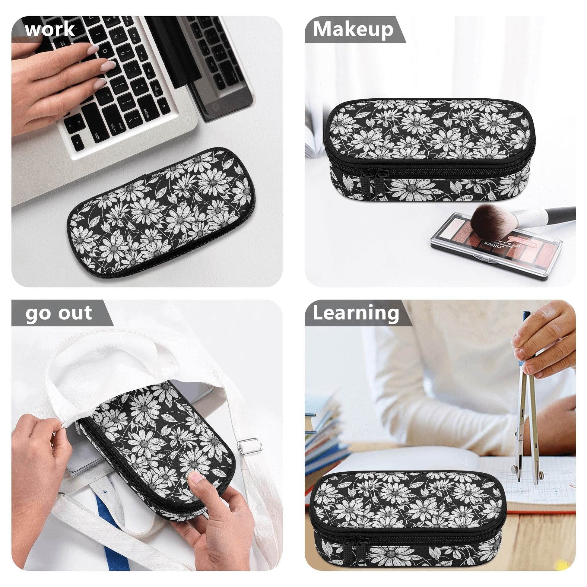 Black and White Daisy 3-Layer Pencil and Cosmetic Case - DeRose Seasonal