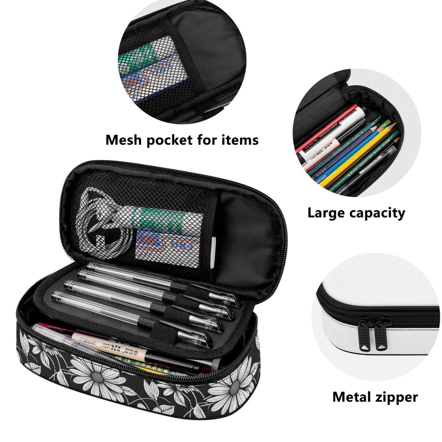 Black and White Daisy 3-Layer Pencil and Cosmetic Case - DeRose Seasonal