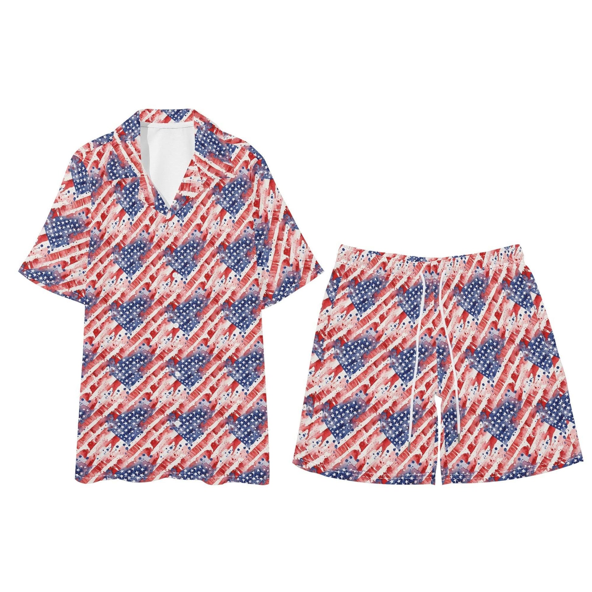 Men's Regular Fit Watercolor Independence Hawaiian Short Sleeve Shirt and Shorts Set - DeRose Seasonal