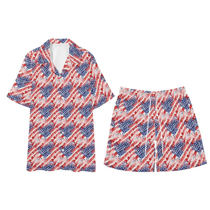Men's Regular Fit Watercolor Independence Hawaiian Short Sleeve Shirt and Shorts Set - DeRose Seasonal