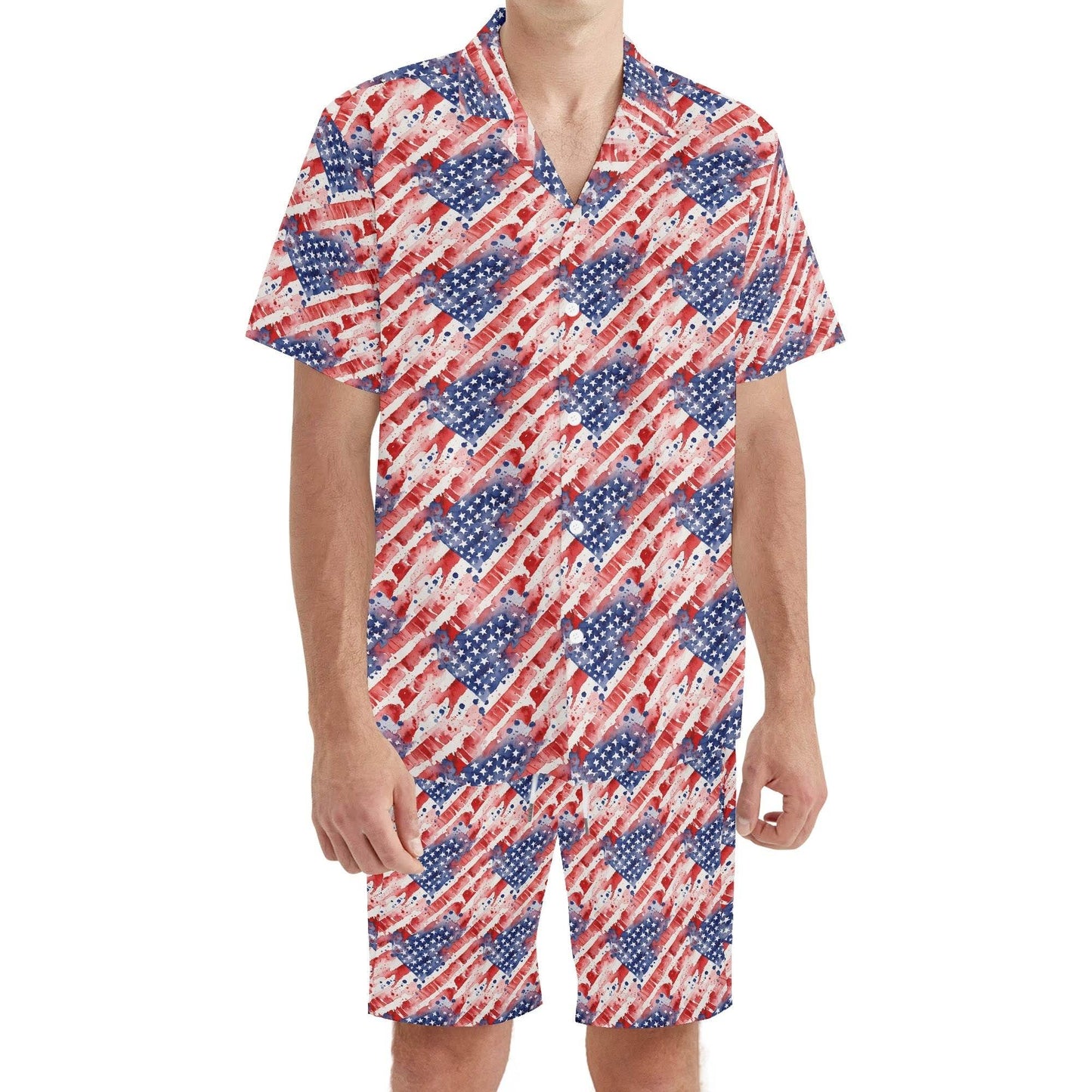 Men's Regular Fit Watercolor Independence Hawaiian Short Sleeve Shirt and Shorts Set - DeRose Seasonal