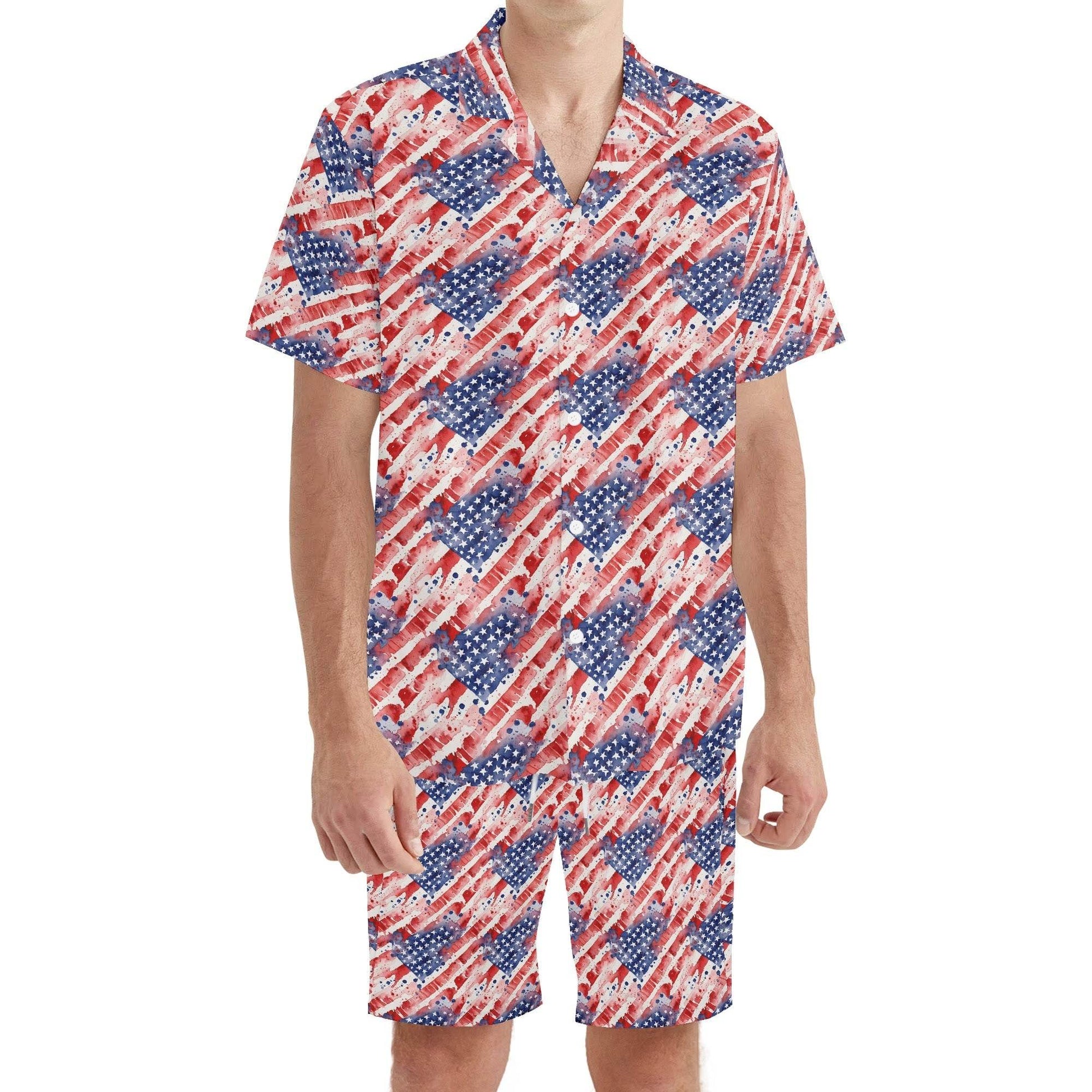 Men's Regular Fit Watercolor Independence Hawaiian Short Sleeve Shirt and Shorts Set - DeRose Seasonal