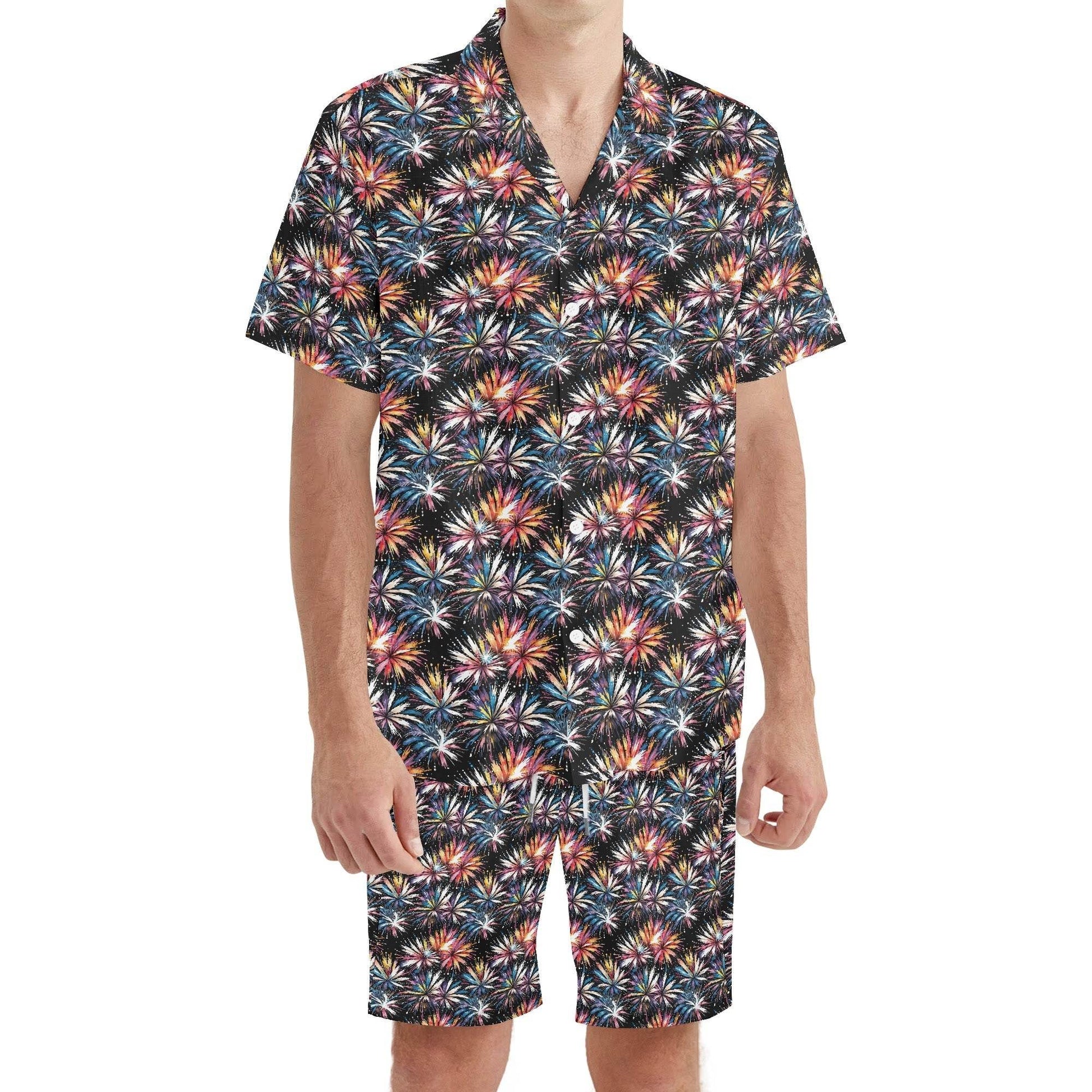 Men's Regular Fit Freedom Fireworks Hawaiian Short Sleeve Shirt and Shorts Set - DeRose Seasonal