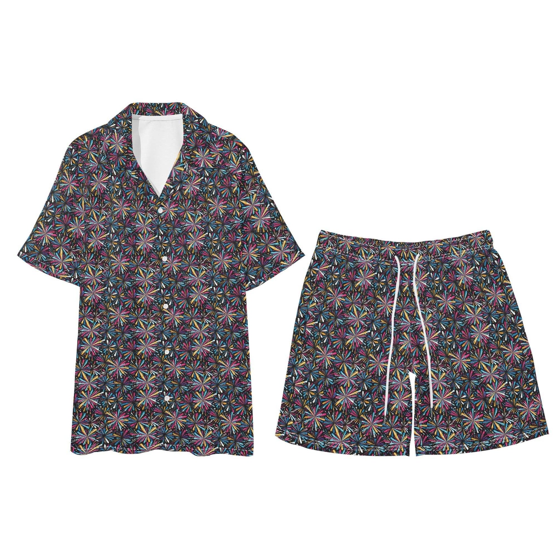 Men's Regular Fit Colorful Fireworks Hawaiian Short Sleeve Shirt and Shorts Set - DeRose Seasonal