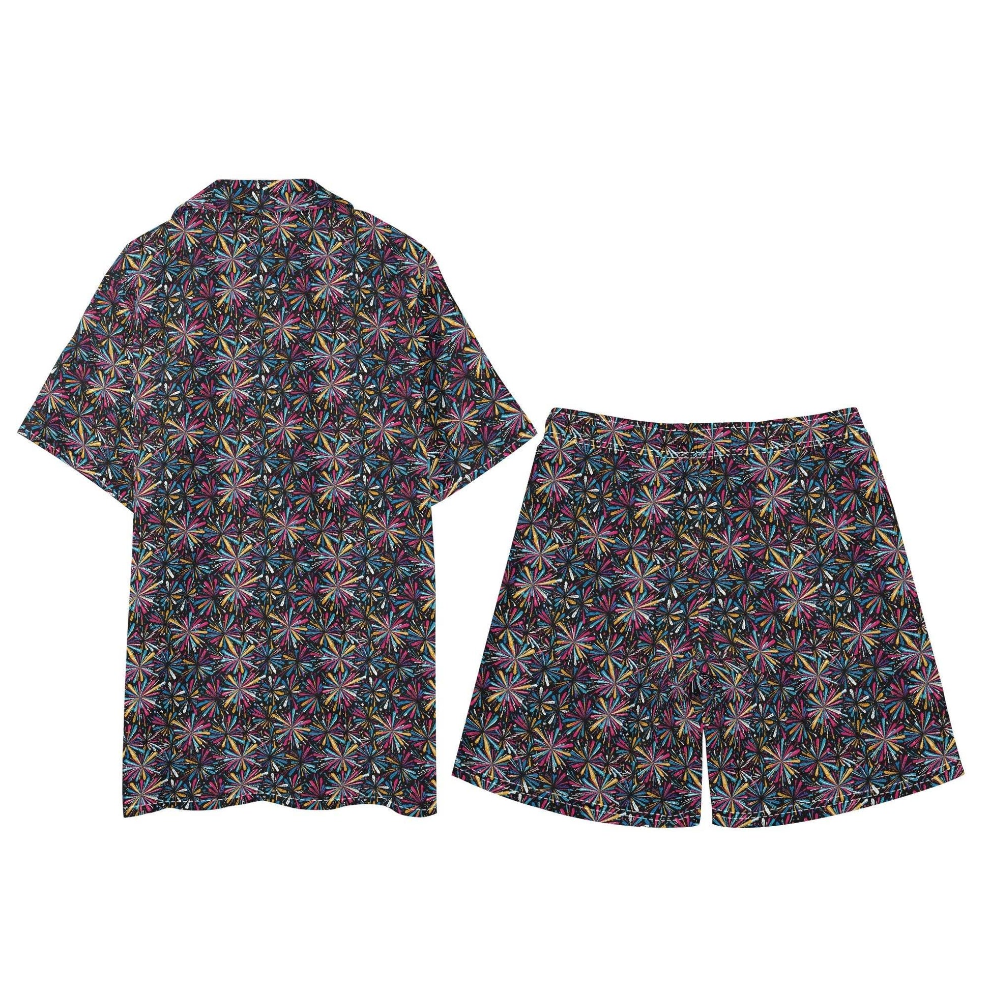Men's Regular Fit Colorful Fireworks Hawaiian Short Sleeve Shirt and Shorts Set - DeRose Seasonal