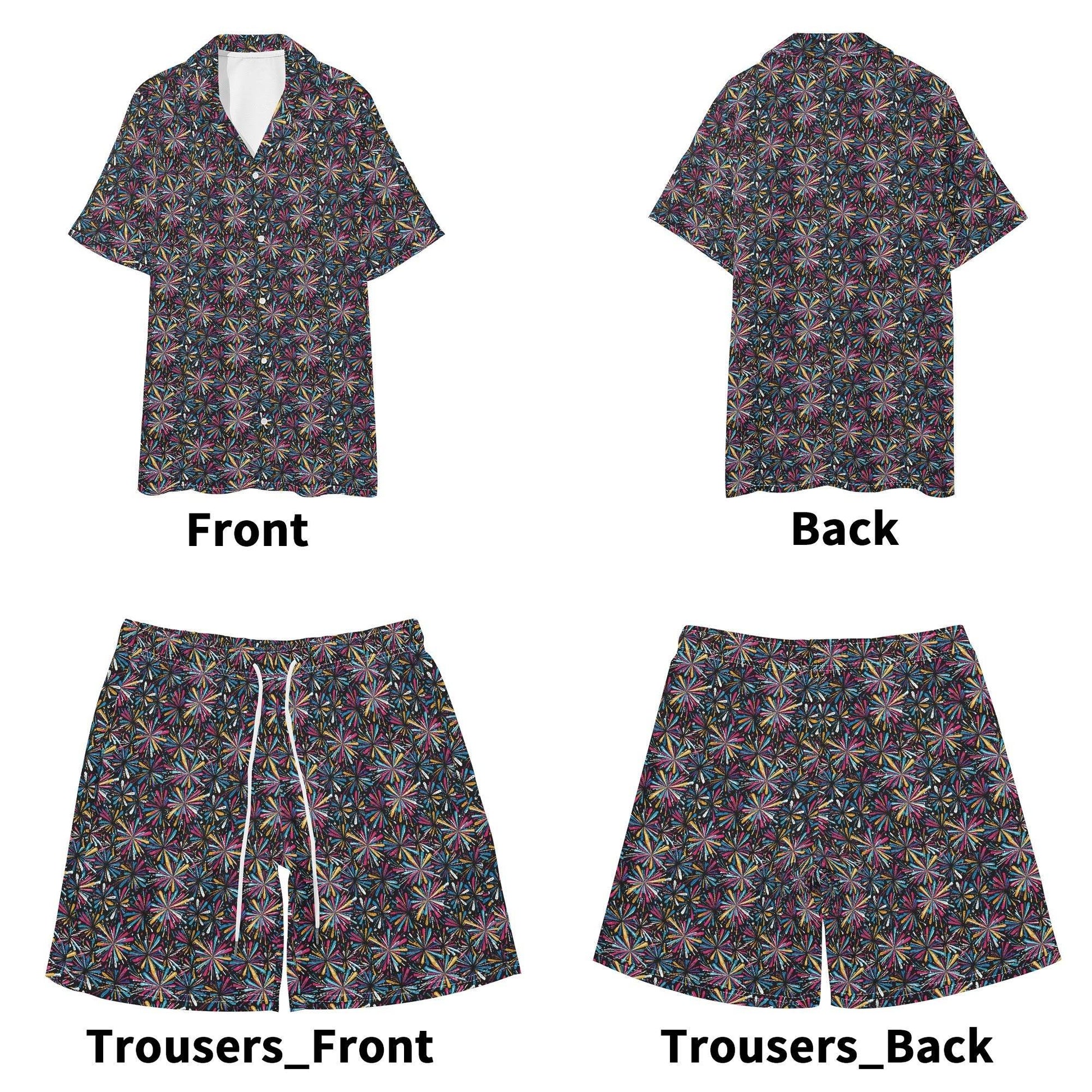 Men's Regular Fit Colorful Fireworks Hawaiian Short Sleeve Shirt and Shorts Set - DeRose Seasonal