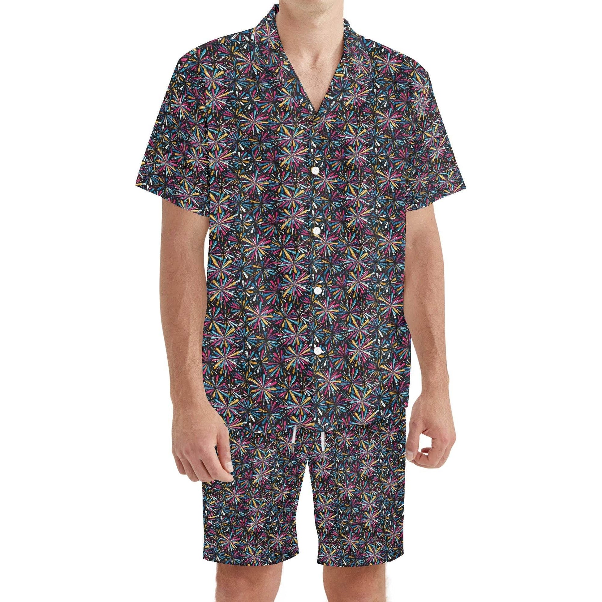 Men's Regular Fit Colorful Fireworks Hawaiian Short Sleeve Shirt and Shorts Set - DeRose Seasonal